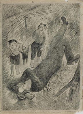 Τάτλιν Βλαντιμίρ, "Εικονογραφικό προσχέδιο για το βιβλίο " Vo-Pervykh I Vo-Vtorykh" του Daniil Kharms" (1929). Ασπρόμαυρο σχέδιο που απεικονίζει υπαίθρια σκηνή με μια ανδρική και τρεις παιδικές μορφές.